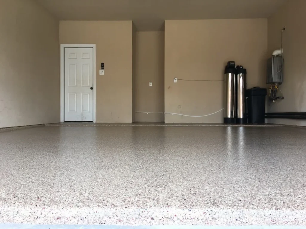 Classic epoxy flake garage floor in the Carlsbad color blend by 505 Garage Floors, a warm, decorative finish for Albuquerque garages.