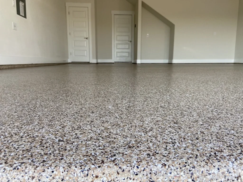 Classic epoxy flake garage floor in the Carlsbad color blend by 505 Garage Floors, a popular decorative finish for Albuquerque garages.