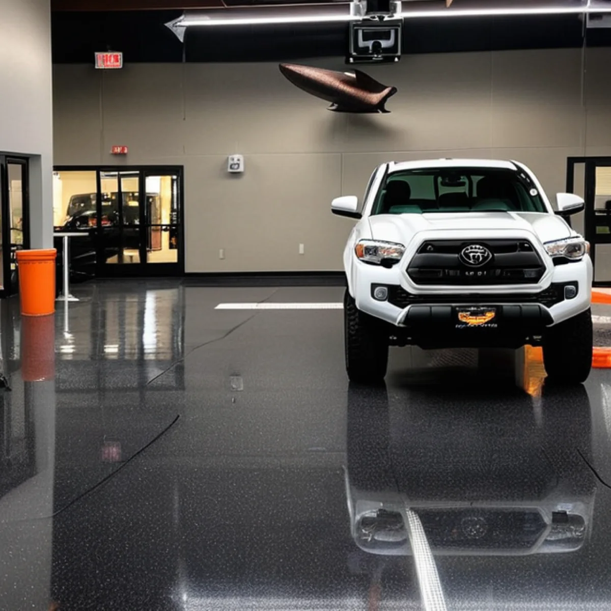 Black stained and sealed concrete floor in an Albuquerque car dealership showroom by 505 Garage Floors, a glossy high-end retail surface.