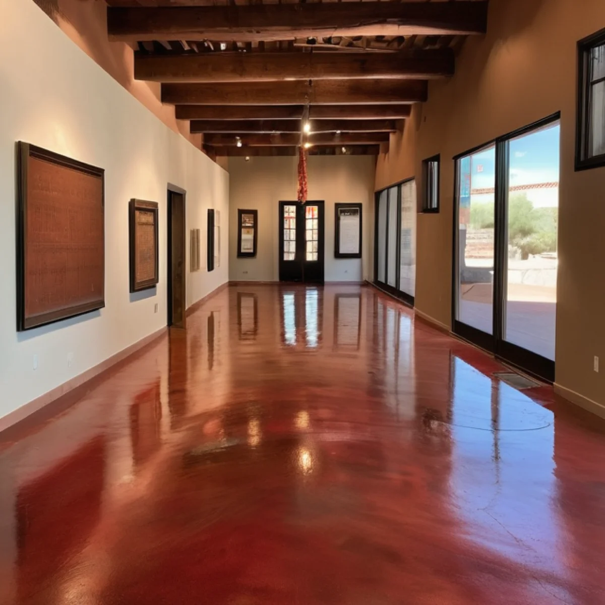 Brown and red stained concrete floor in an Albuquerque museum, finished by 505 Garage Floors for a decorative, hard-wearing public space.