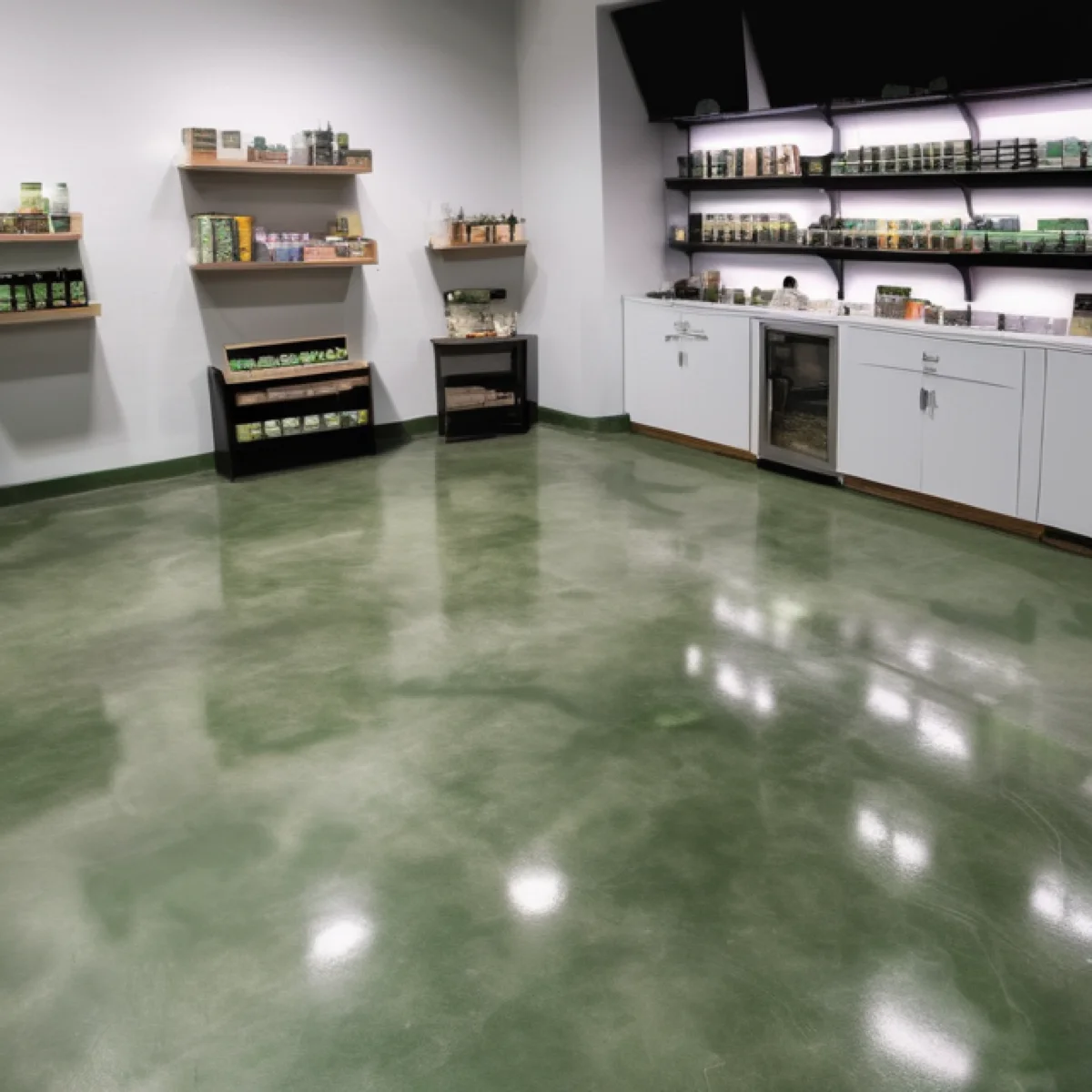 Grind-and-seal concrete dispensary floor in Albuquerque by 505 Garage Floors, a durable, easy-clean polished retail surface.