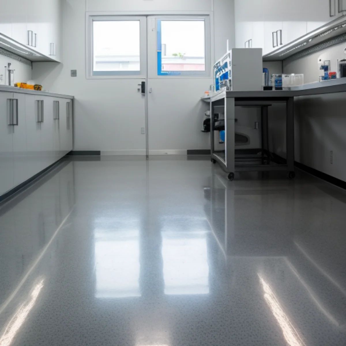 Matte light grey epoxy commercial floor in Albuquerque by 505 Garage Floors, a seamless and easy-to-clean commercial surface.