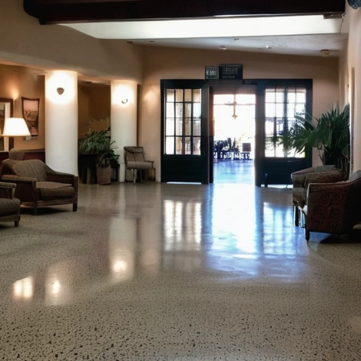 Polished concrete floor in an Albuquerque apartment common area by 505 Garage Floors, a low-maintenance modern surface for shared spaces.