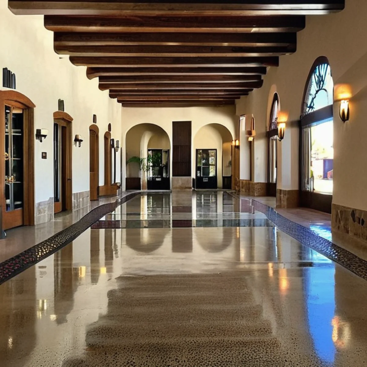 Polished concrete hotel lobby floor in New Mexico by 505 Garage Floors, an elegant, hard-wearing surface for a busy hospitality entrance.