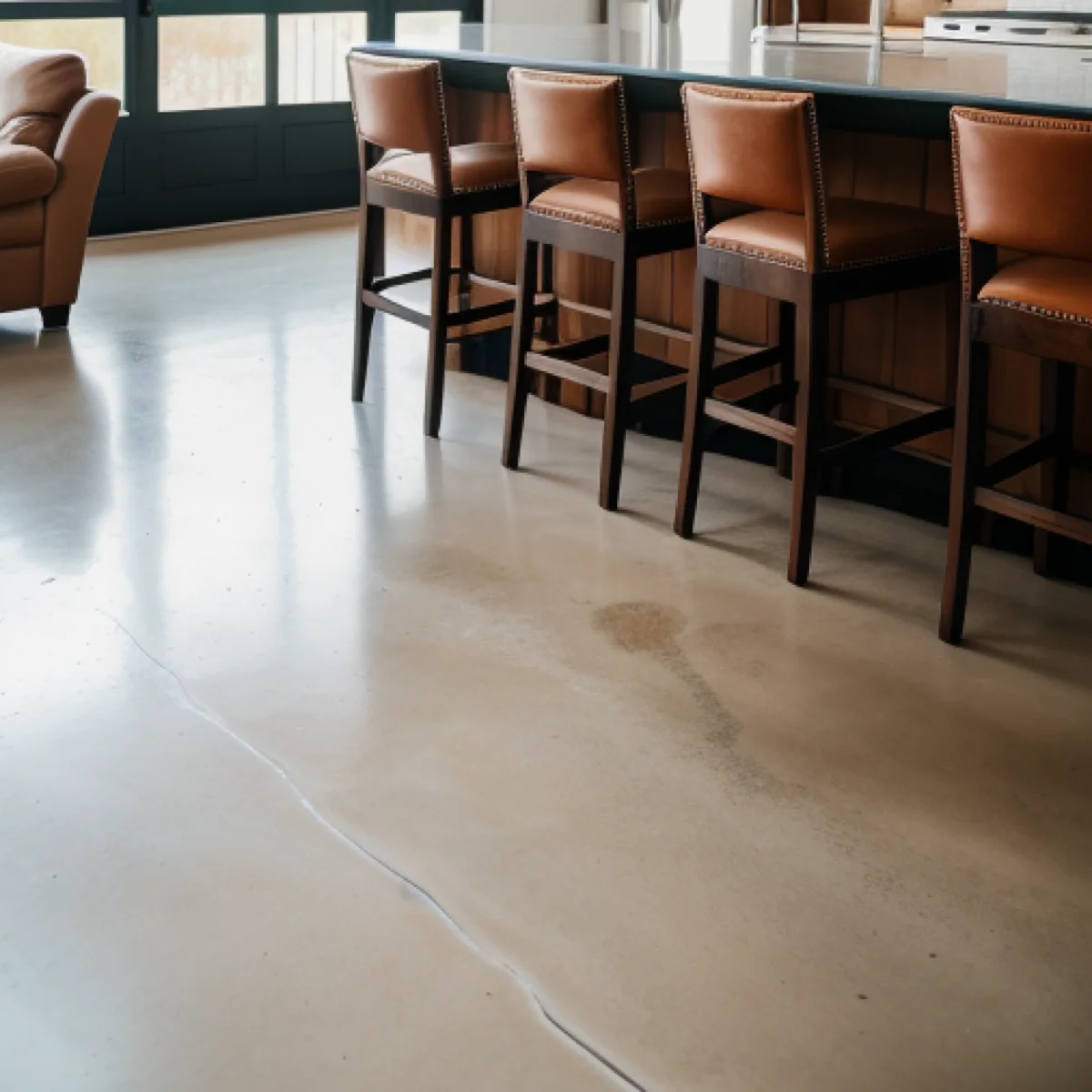 Polished and stained sealed concrete restaurant floor in Albuquerque, finished for durability and easy cleaning by 505 Garage Floors.