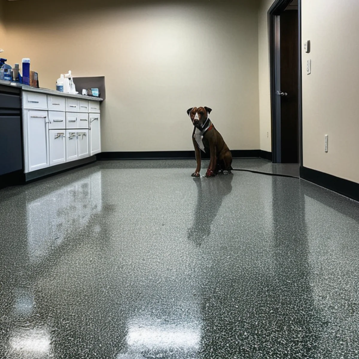 Polyaspartic flake floor in an Albuquerque vet clinic by 505 Garage Floors, sanitary and slip-resistant for animal care areas.