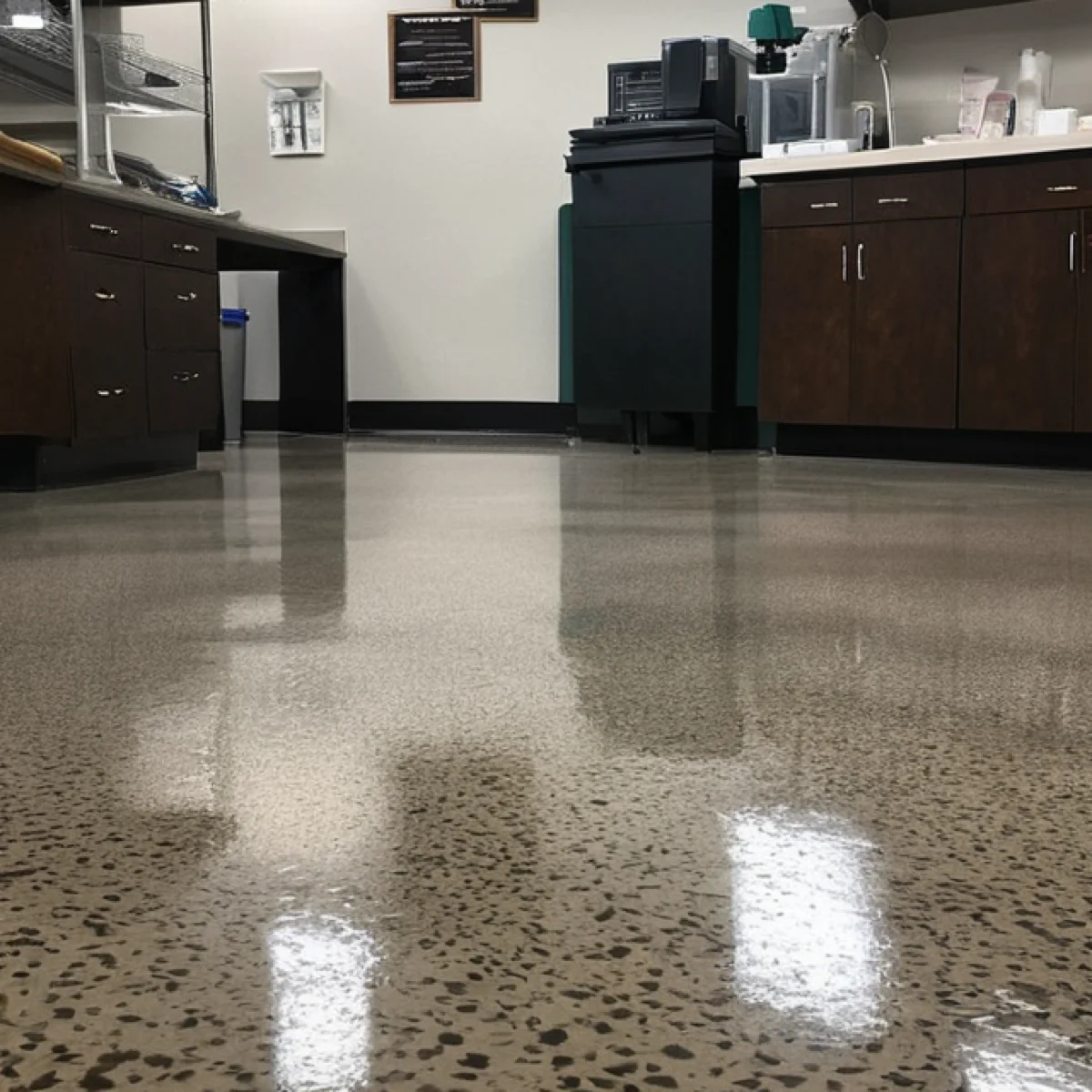 Polyaspartic flake floor in an Albuquerque office by 505 Garage Floors, durable and decorative for daily office foot traffic.