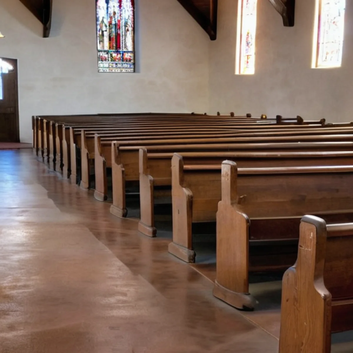 Stained concrete church floor in Albuquerque by 505 Garage Floors, warm and low-maintenance for heavy congregation traffic.