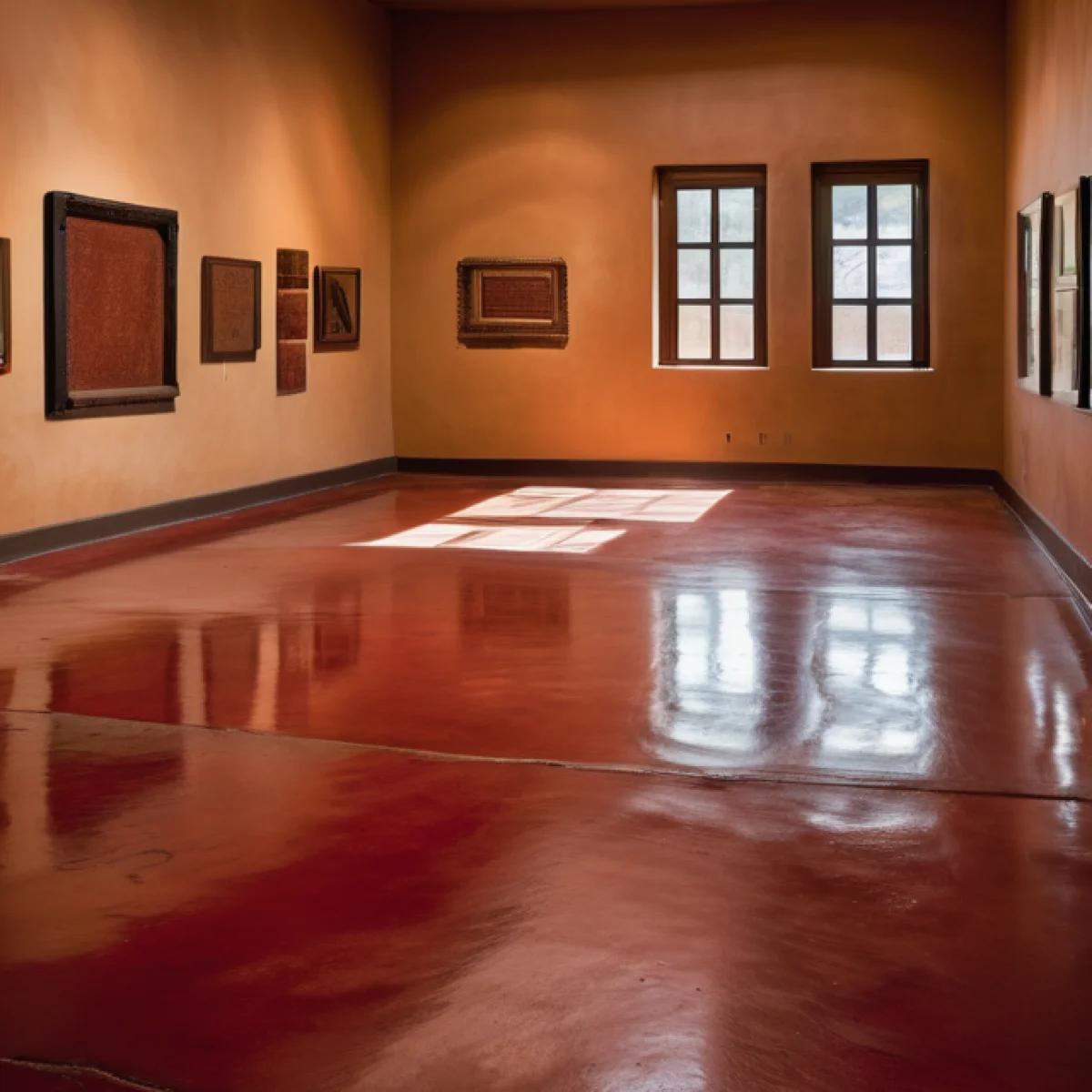 Stained concrete floor in an Albuquerque art gallery by 505 Garage Floors, an elegant and durable showroom surface.