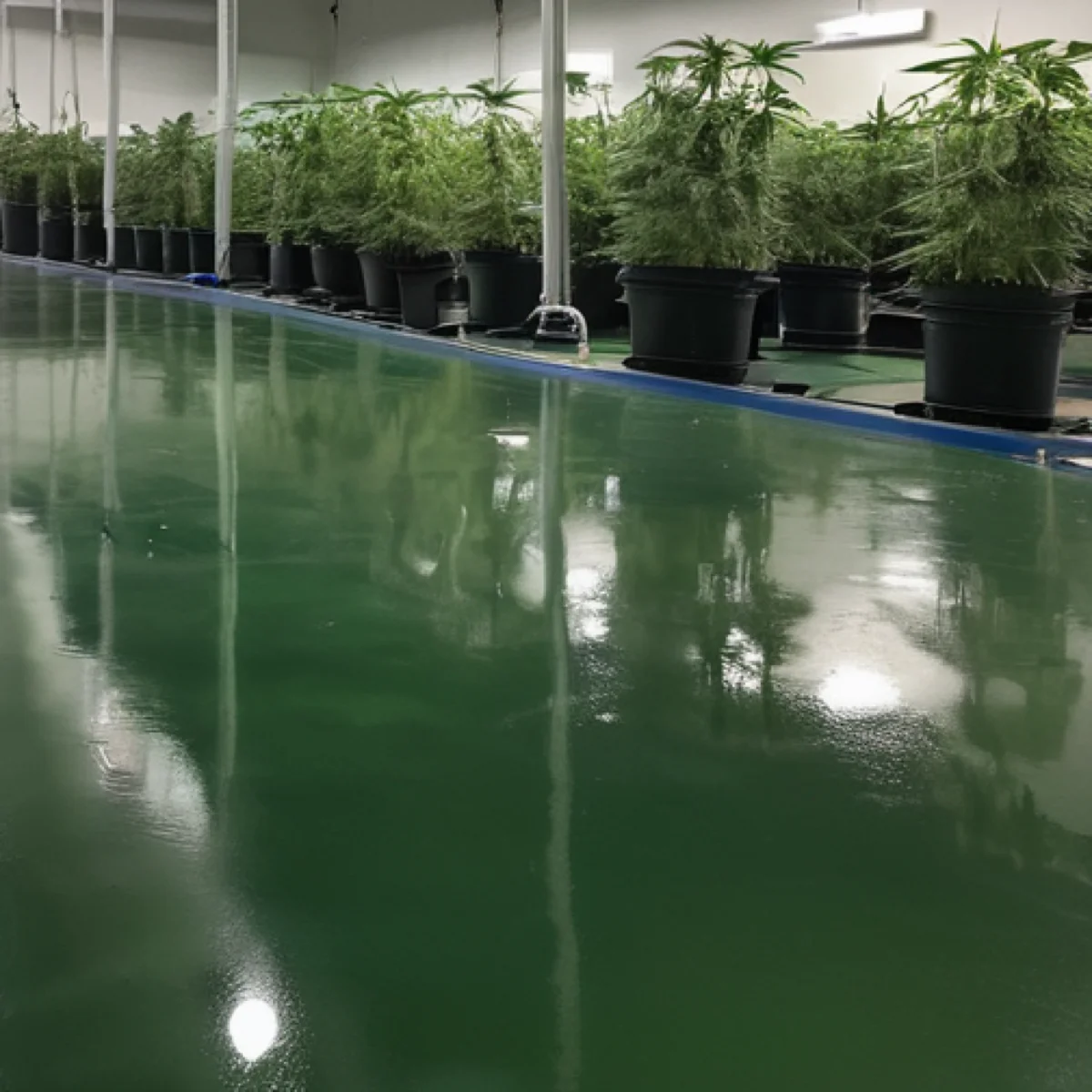 Urethane floor coating in an Albuquerque cannabis grow house by 505 Garage Floors, built for wet, high-humidity grow rooms.