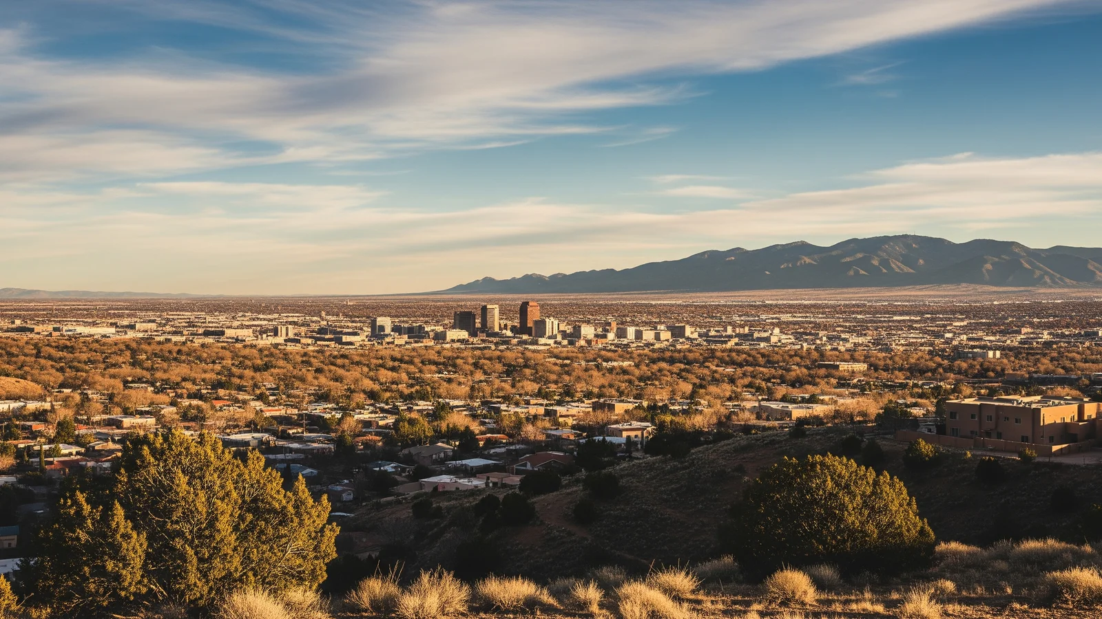 Albuquerque, New Mexico cityscape with the Sandia Mountains in the background, the heart of the 505 Garage Floors service area