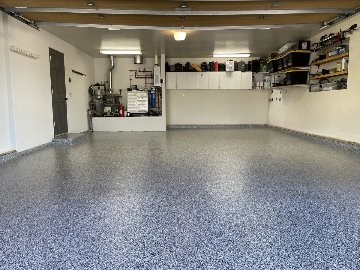 Polished epoxy flake garage floor after professional coating installation by 505 Garage Floors in Albuquerque, New Mexico