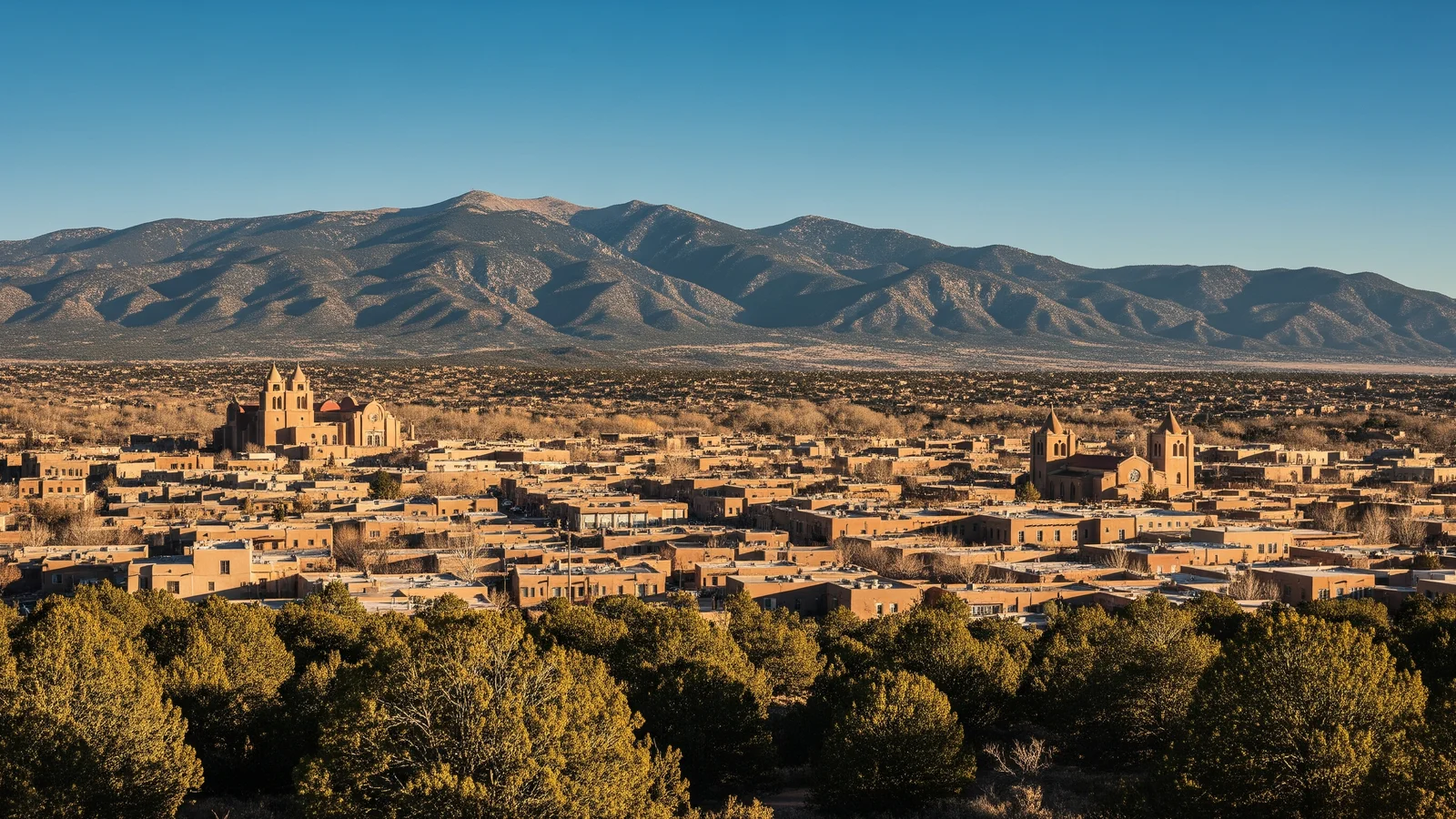 Santa Fe, New Mexico cityscape with historic adobe architecture and the Sangre de Cristo Mountains, in the 505 Garage Floors service area