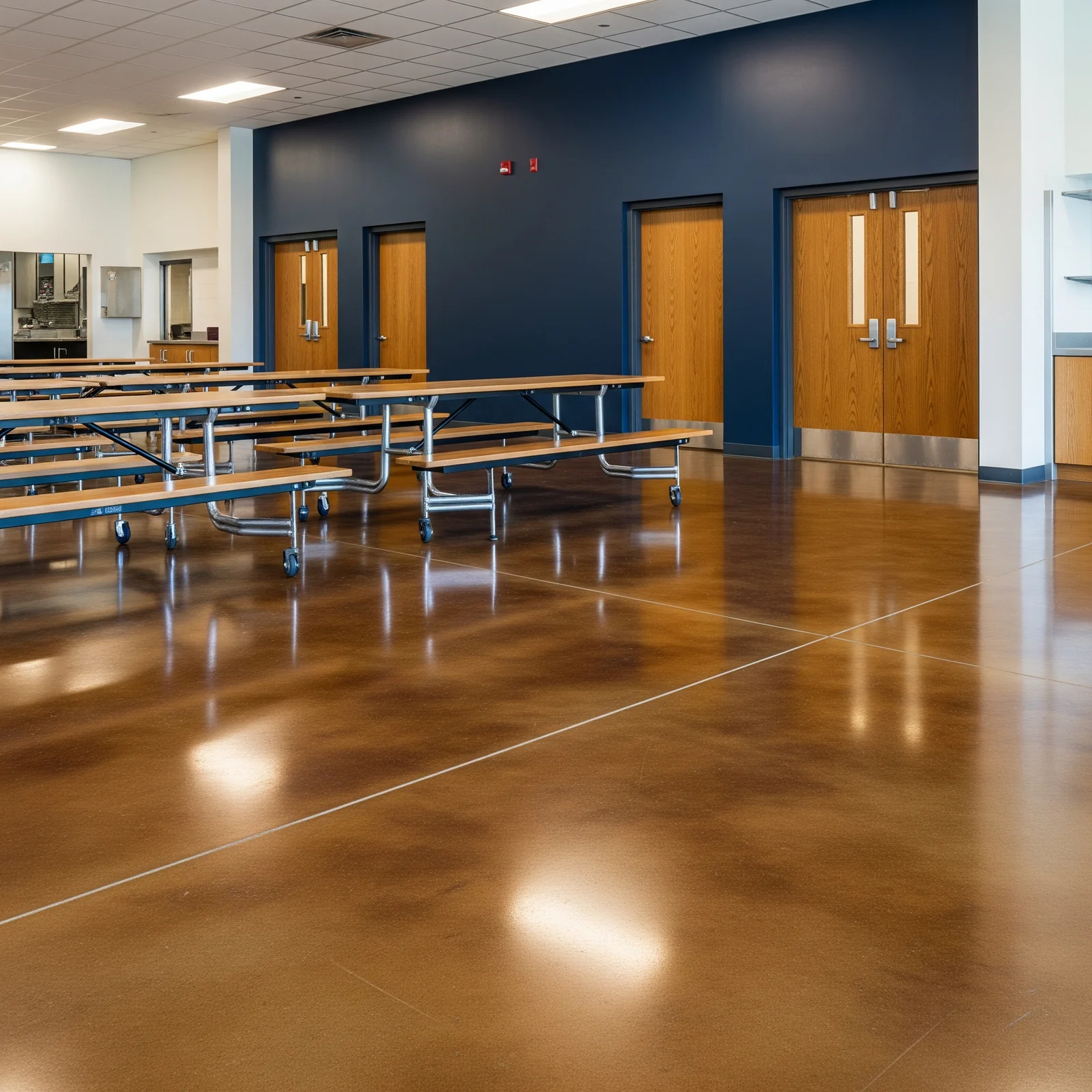 Stained sealed concrete school cafeteria floor in Albuquerque by 505 Garage Floors, durable and easy to clean for daily student use.